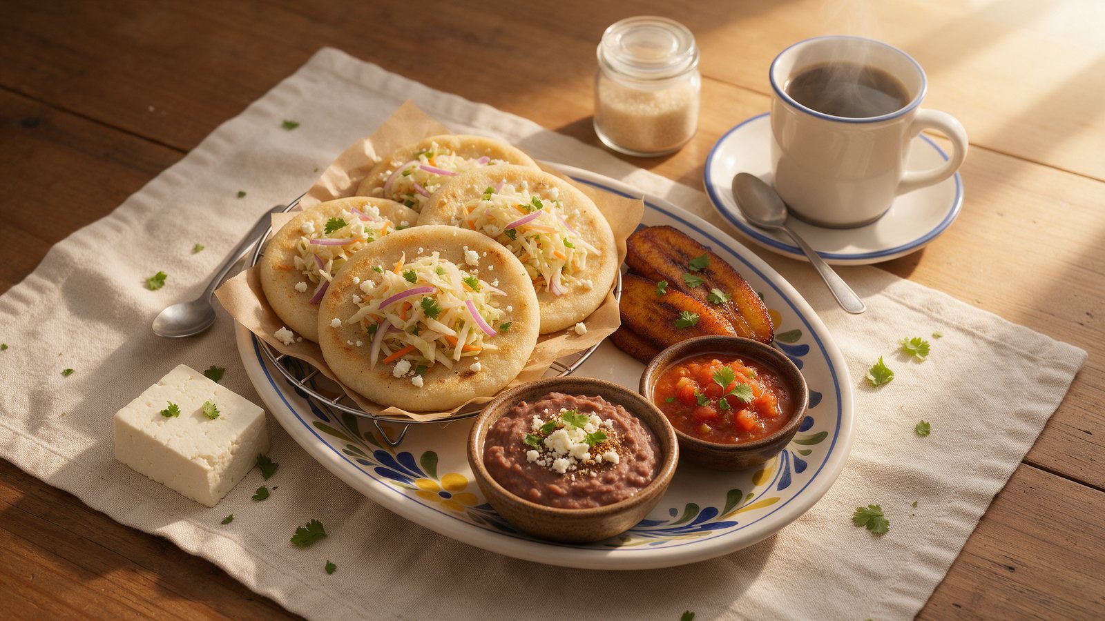Desayuno salvadoreño con pupusas, curtido, frijoles y una taza de café